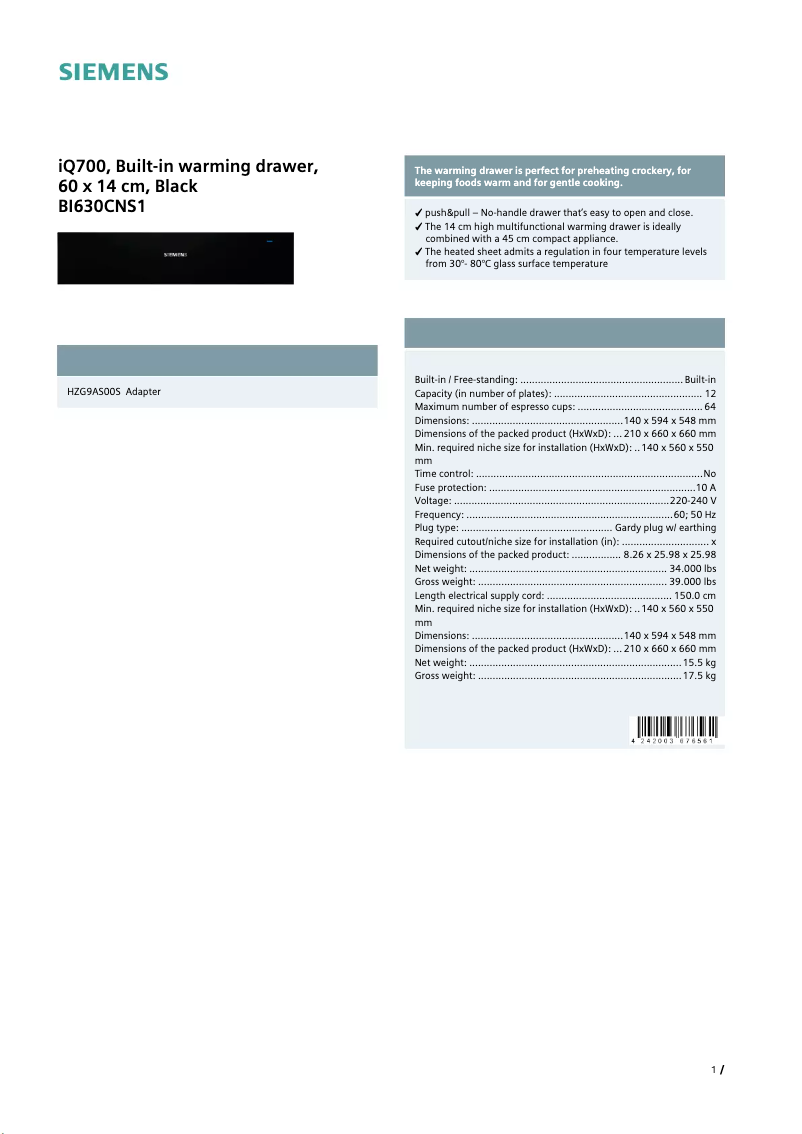 Page 1 de la notice Fiche technique Siemens BI630CNS1