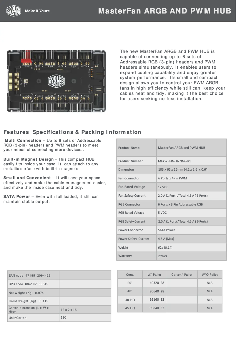 Page 1 de la notice Fiche technique Cooler Master MasterFan ARGB and PWM HUB