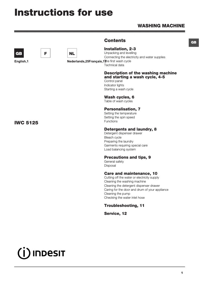 Page 1 de la notice Manuel utilisateur Indesit IWD 5125