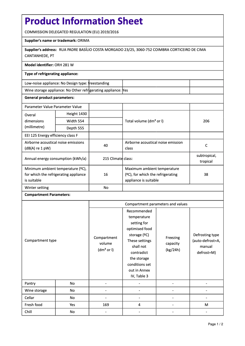 Page n°1 - Manuel utilisateur Orima ORH 281 W