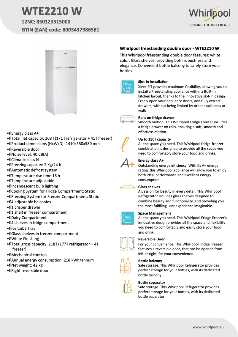 Page 1 de la notice Fiche technique Whirlpool WTE2210 W
