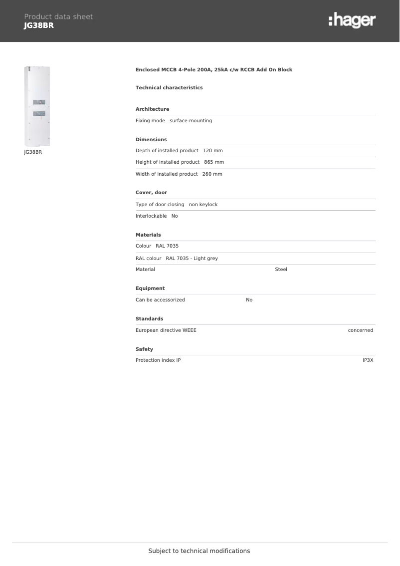 Page 1 de la notice Fiche technique Hager JG38BR