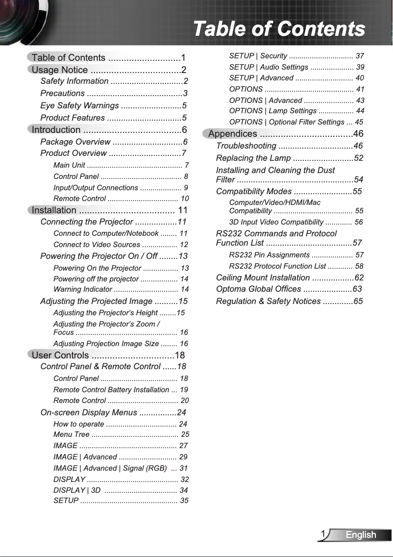 Page n°1 - Manuel utilisateur Optoma W310