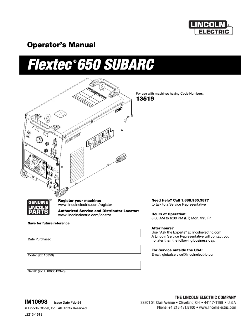 Page 1 de la notice Manuel utilisateur Lincoln Electric Flextec 650 SUBARC