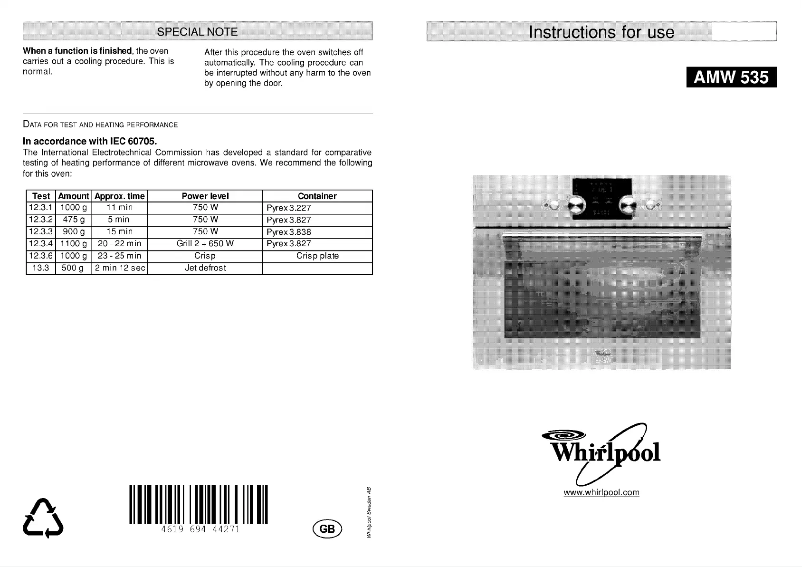 Page n°1 - Manuel utilisateur Whirlpool AMW535