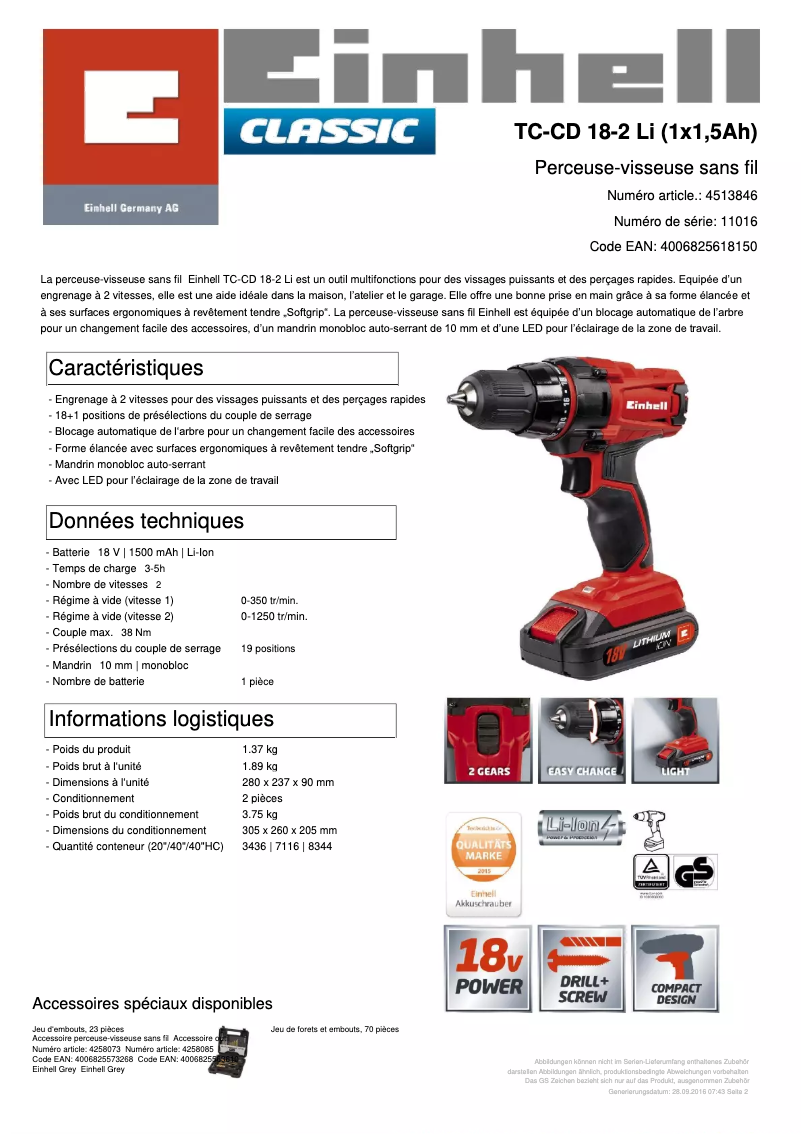 Page n°1 - Fiche technique Einhell TC-CD 18-2 Li
