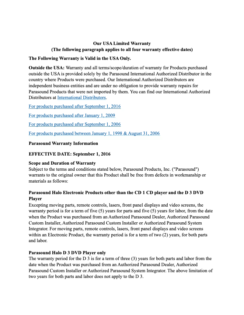 Page 1 de la notice Informations de garantie Parasound ZoneMaster 2350