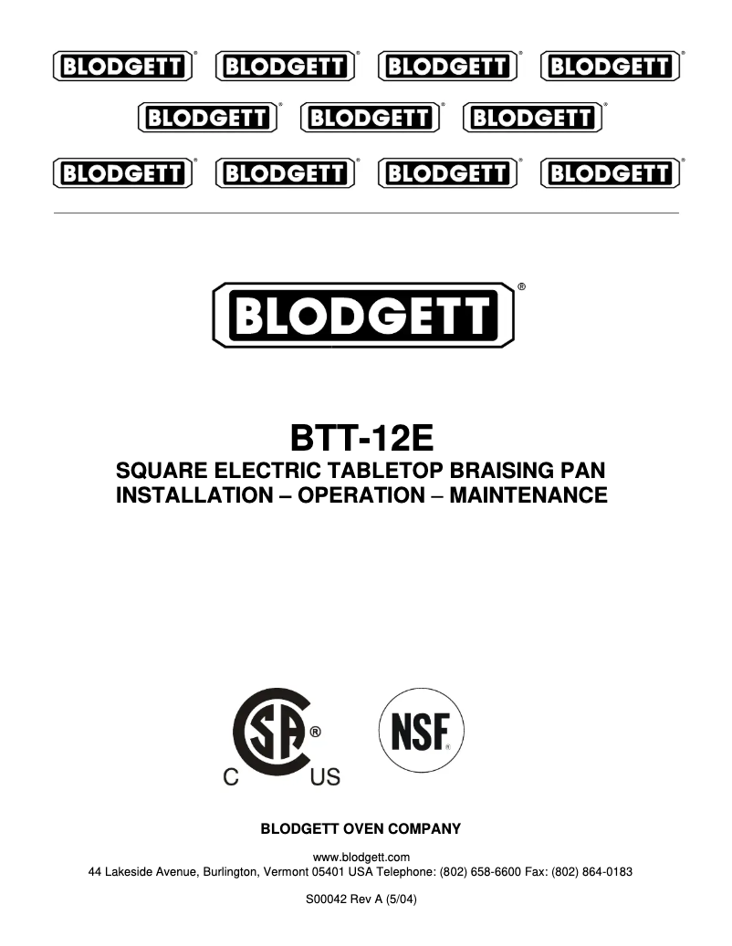 Page 1 de la notice Manuel utilisateur Blodgett BTT-12E