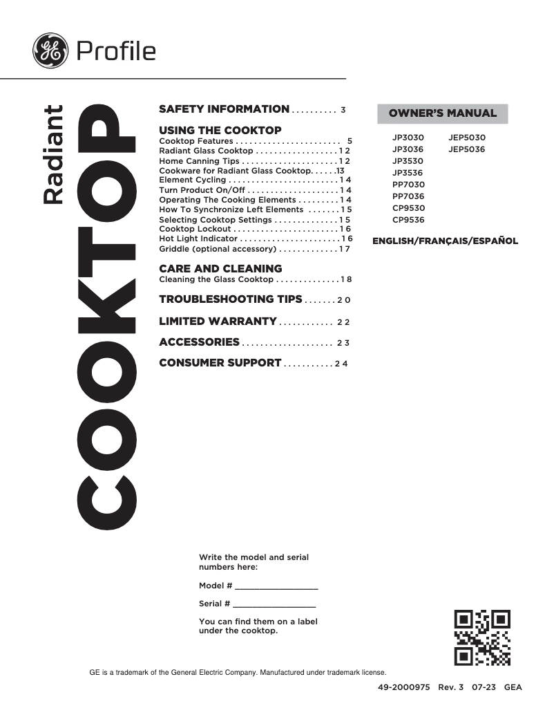 Page n°1 - Manuel d'utilisation et d'entretien GE JEP5030STSS