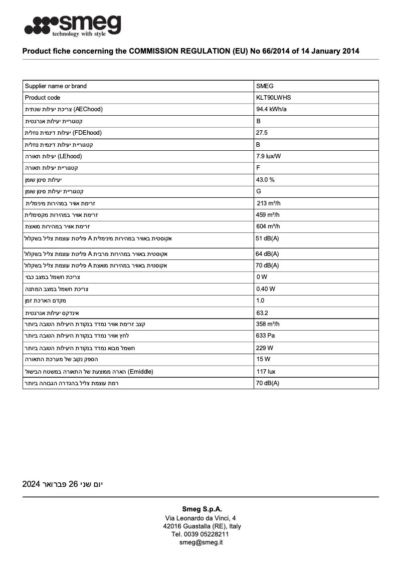 Page n°1 - Fiche technique Smeg KLT90LWHS