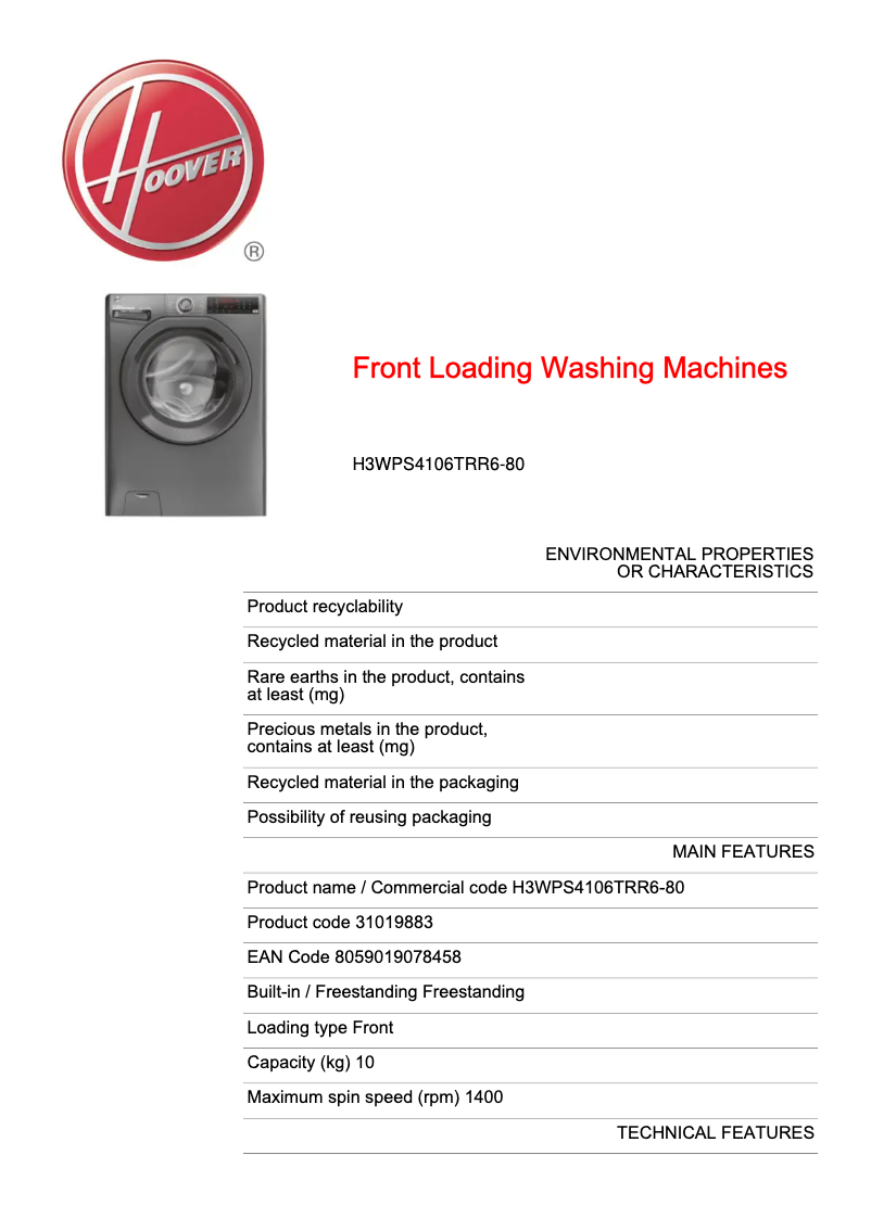 Page n°1 - Fiche technique Hoover H3WPS4106TRR6-80