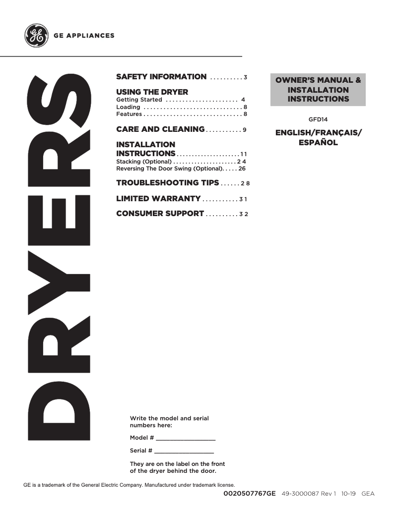 Page 1 de la notice Guide d'installation GE GFD14ESSNWW