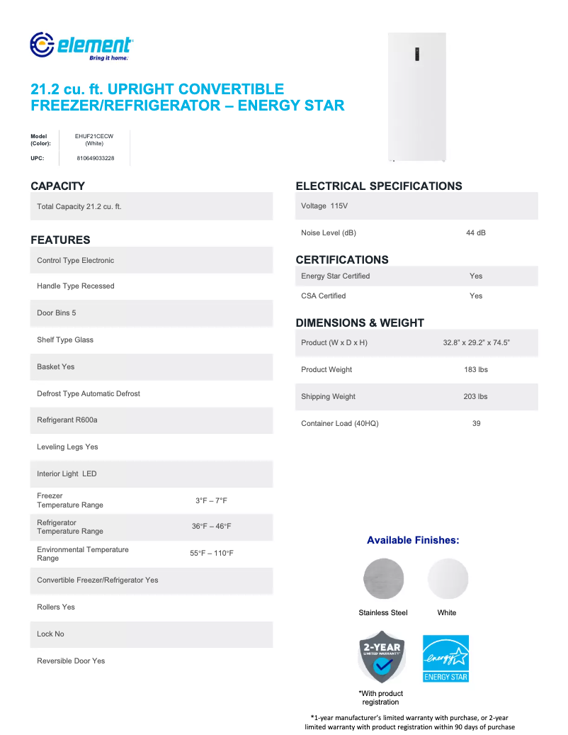 Page n°1 - Fiche technique Element EHUF21CECS