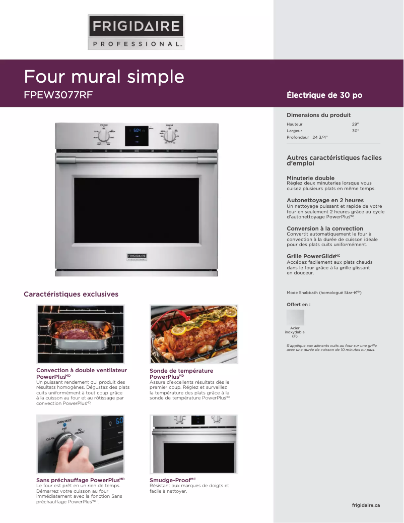 Page 1 de la notice Fiche technique Frigidaire FPEW3077RF