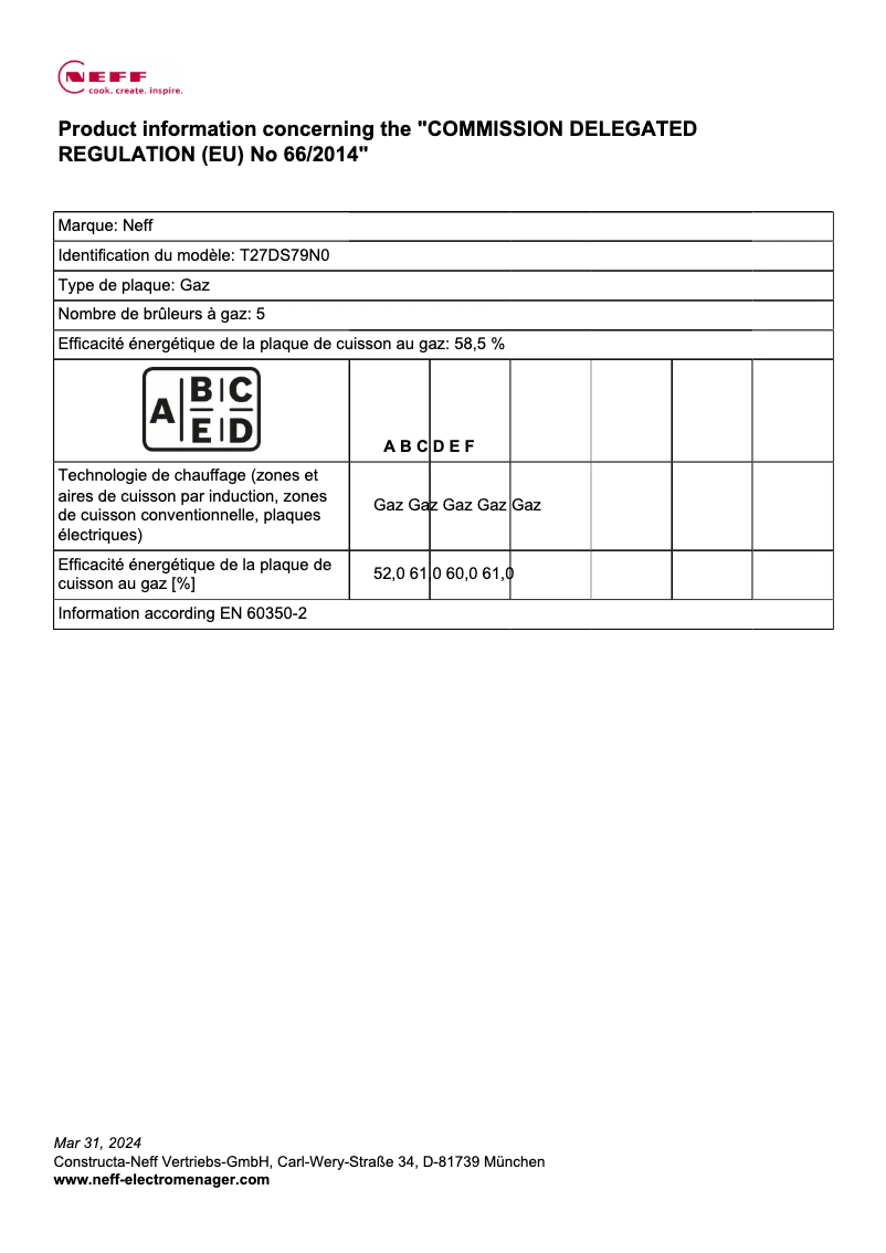 Page n°1 - Label énergétique Neff T27DS79N0