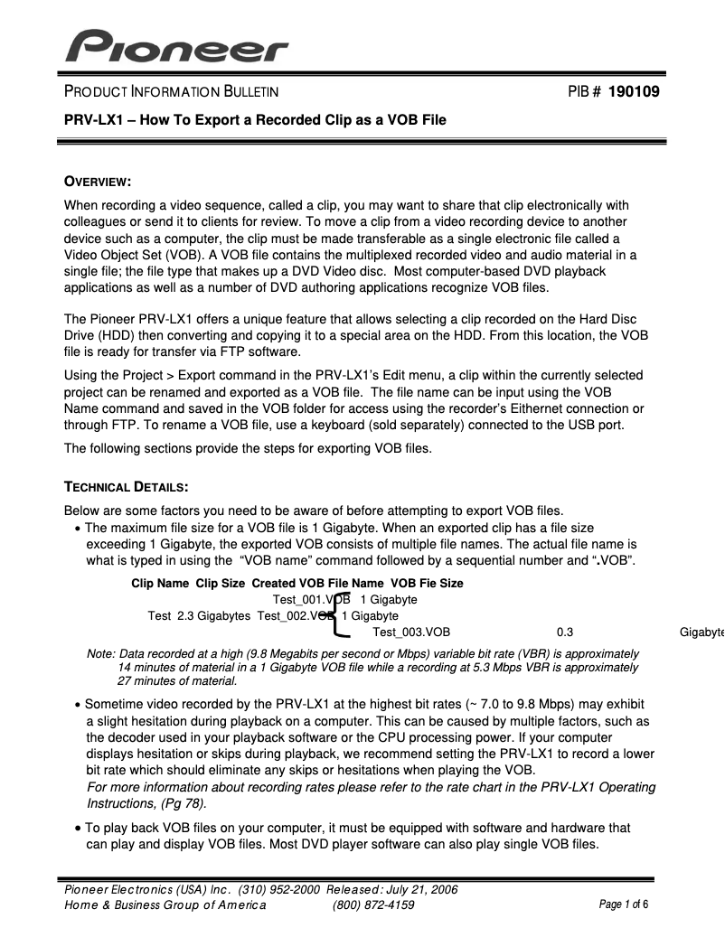 Page n°1 - Fiche technique Pioneer PRV-LX1