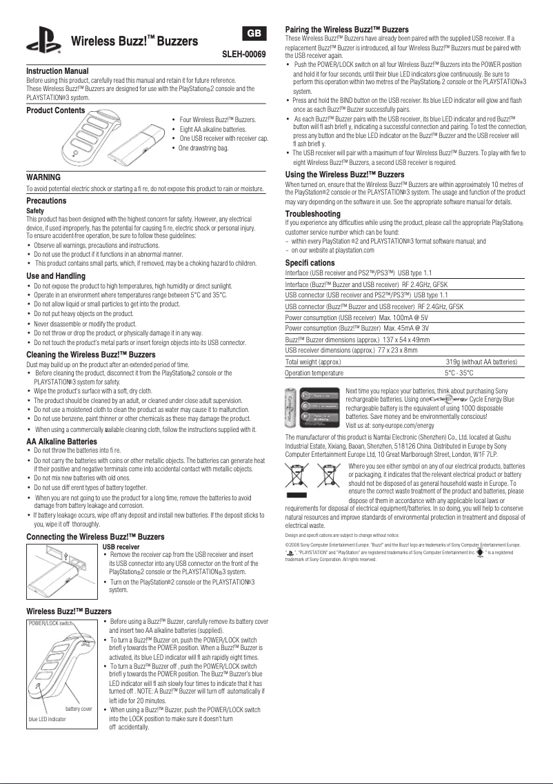Page n°1 - Manuel utilisateur Sony Wireless Buzz! Buzzers
