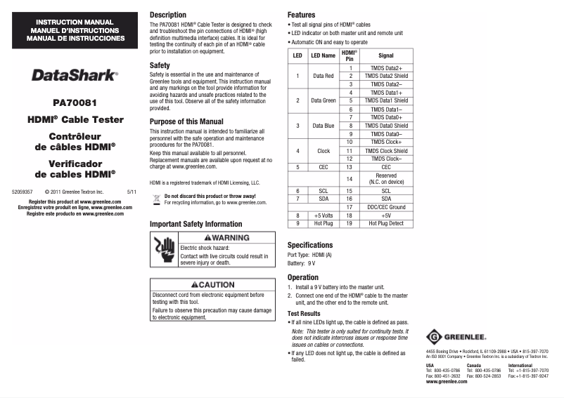Page 1 de la notice Manuel utilisateur Greenlee PA70081