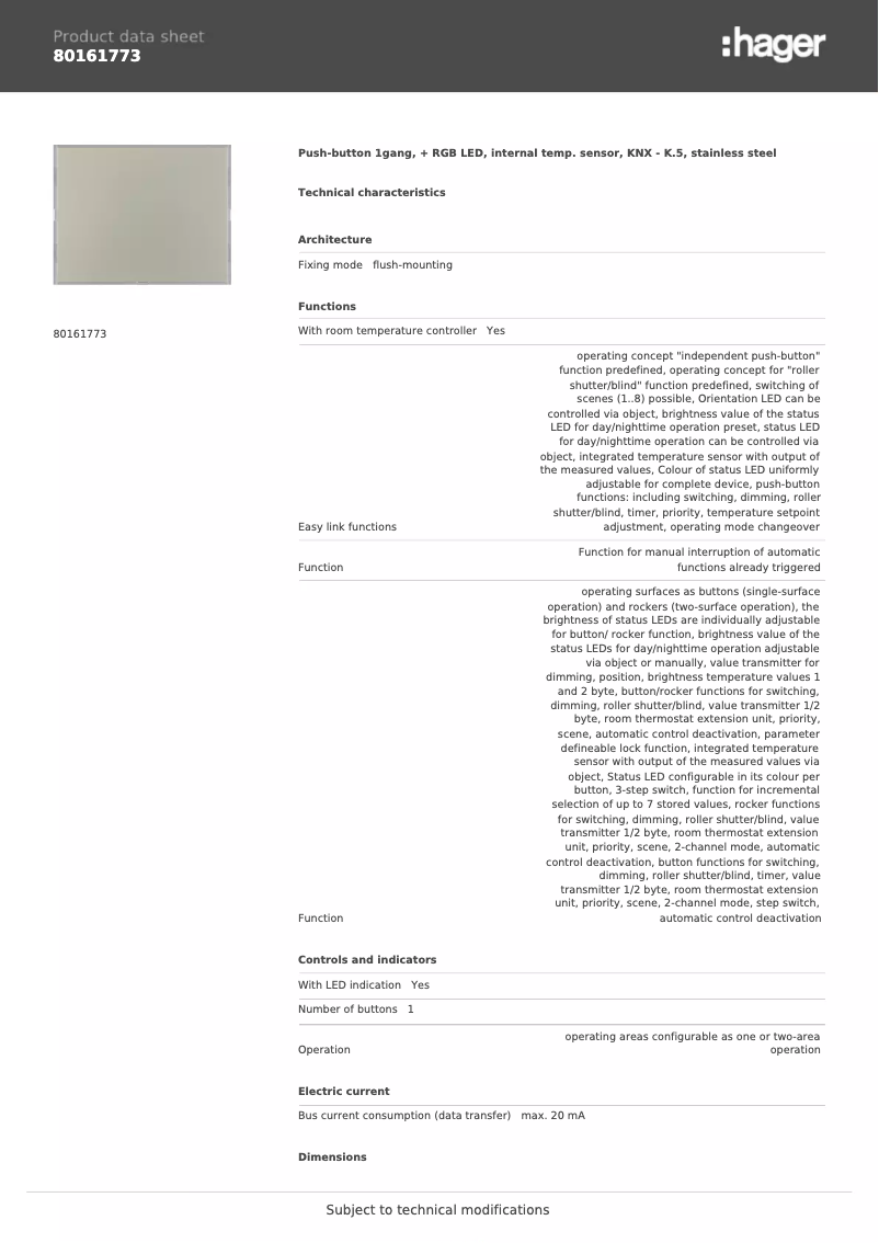 Page 1 de la notice Fiche technique Berker 80161773