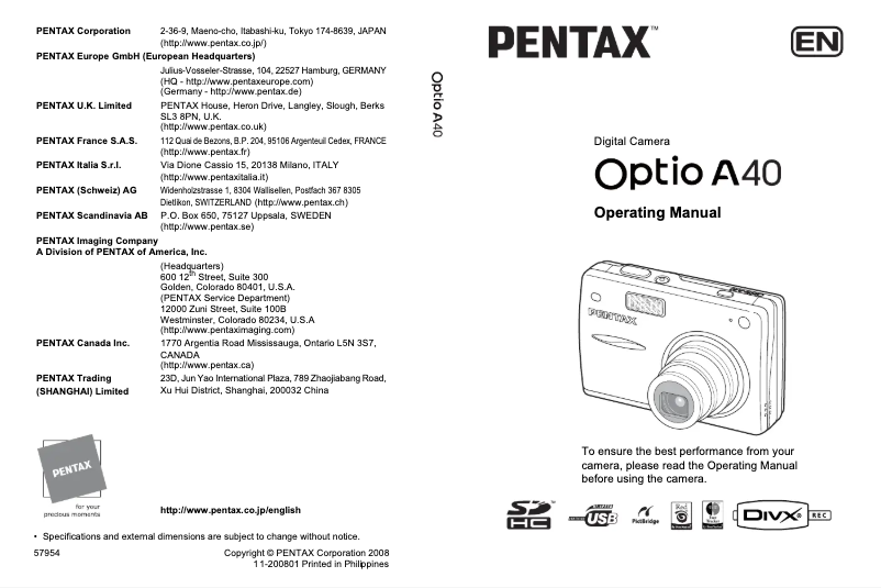 Page 1 de la notice Manuel utilisateur Pentax Optio A40