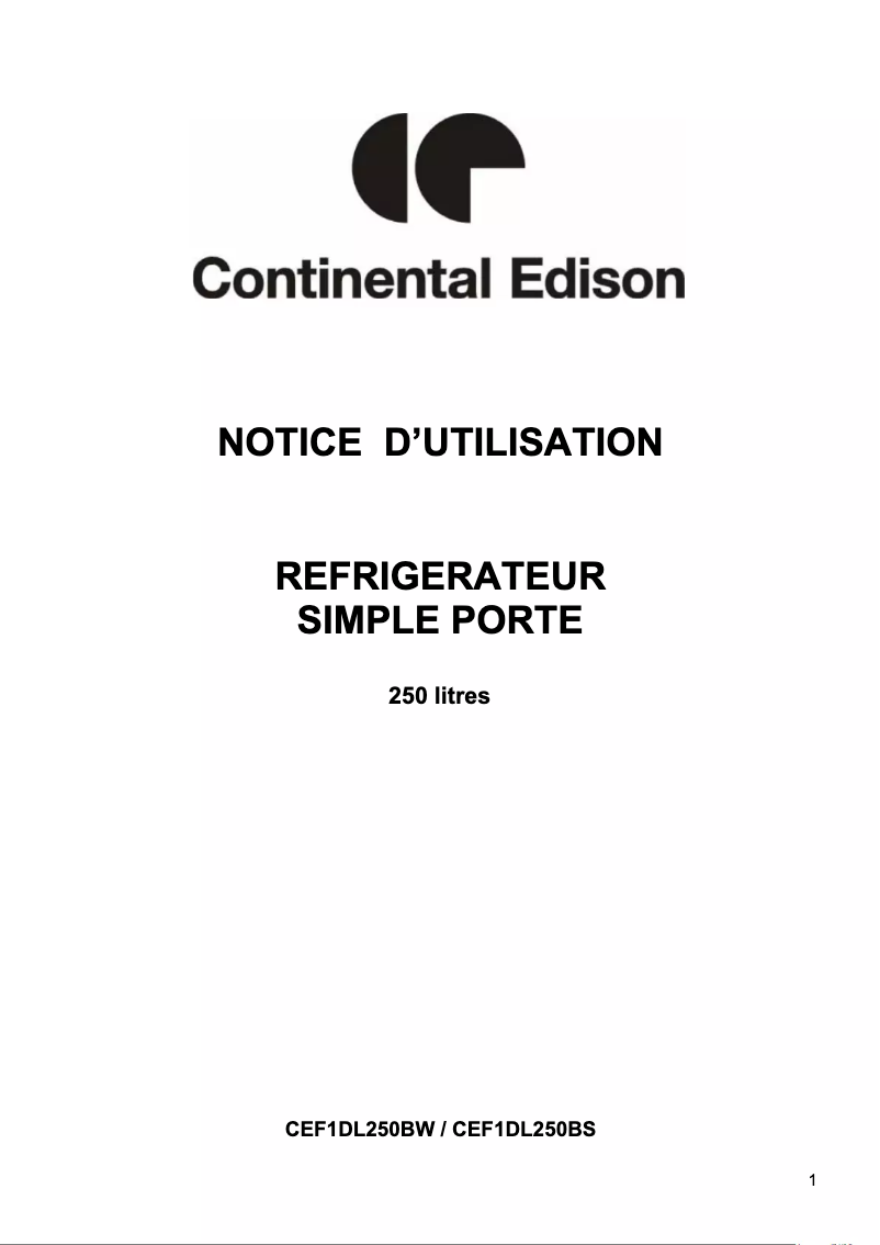 Page 1 de la notice Manuel utilisateur Continental Edison CEF1DL250BW