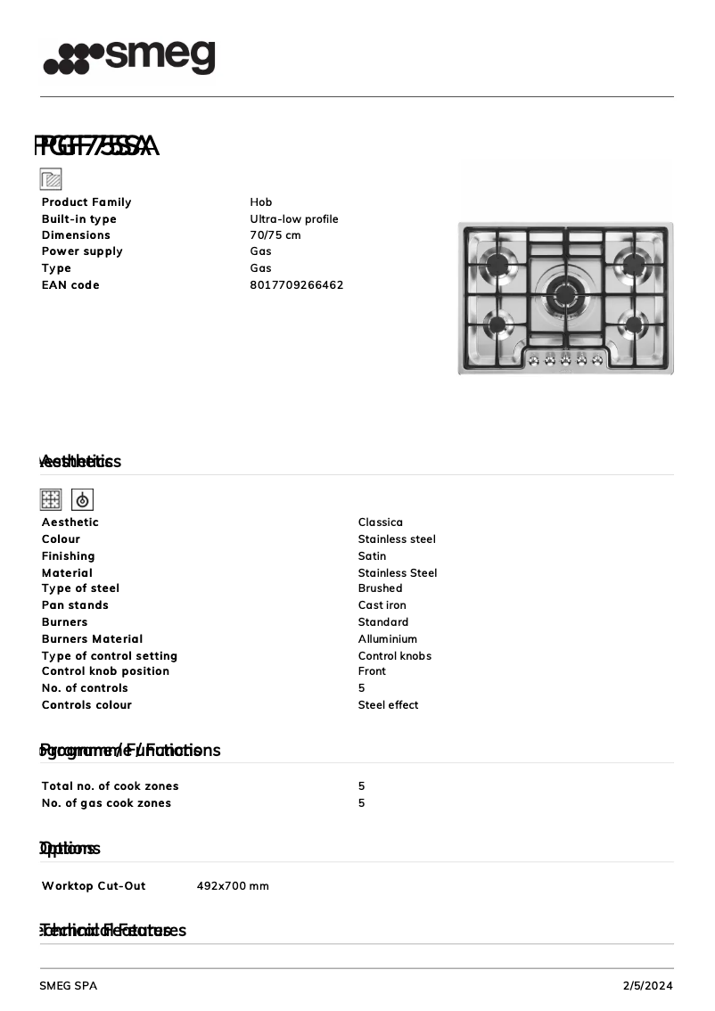 Page n°1 - Fiche technique Smeg PGF75SA