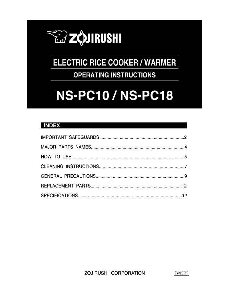 Page 1 de la notice Manuel utilisateur Zojirushi NS-PC18