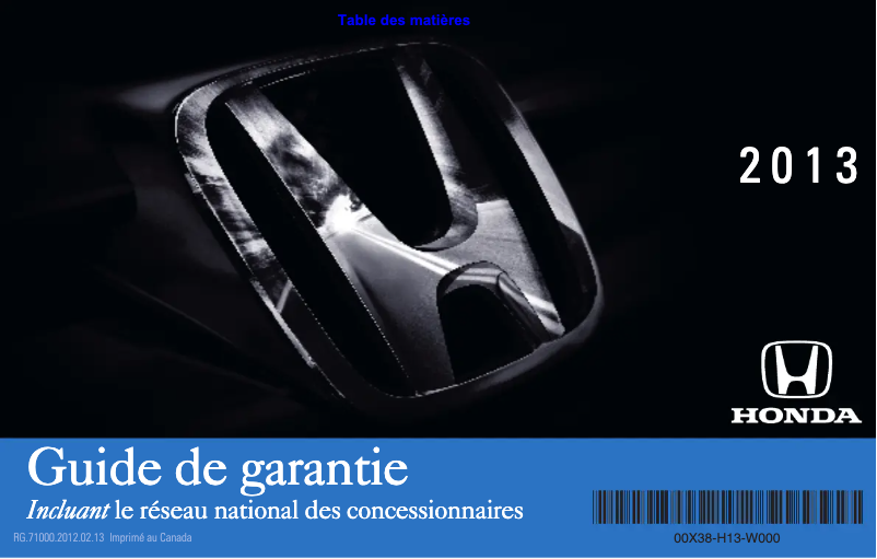 Page 1 de la notice Manuel d'utilisation et d'entretien Honda Odyssey (2013)