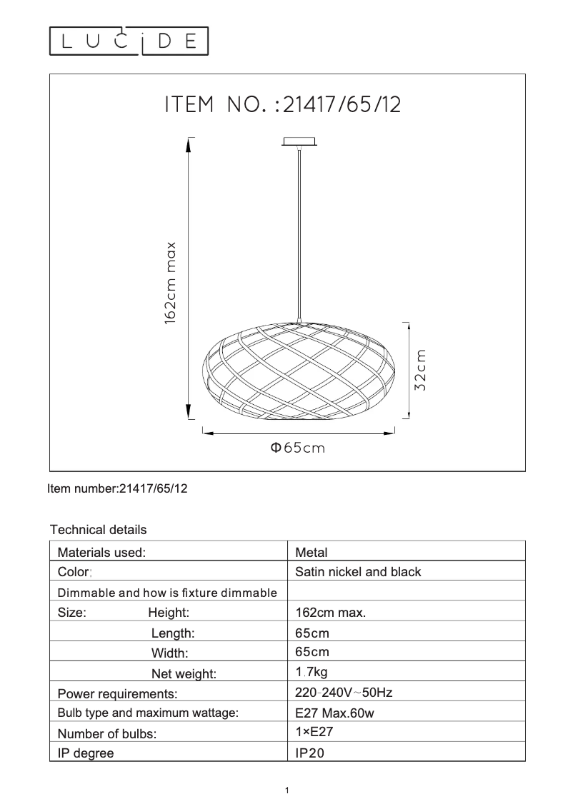 Page 1 de la notice Manuel utilisateur Lucide Wolfram 21417/65/12