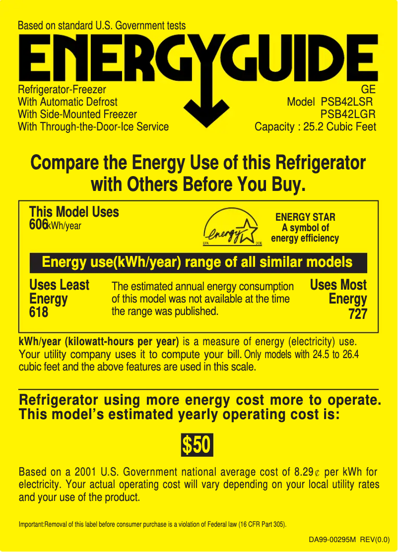Page 1 de la notice Label énergétique GE PSB42LGRBV