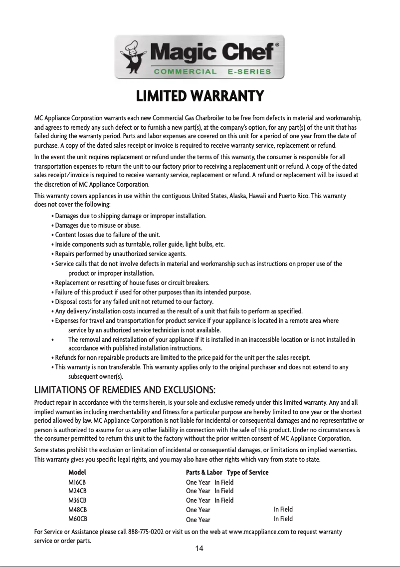 Page n°1 - Informations de garantie Magic Chef M36CB