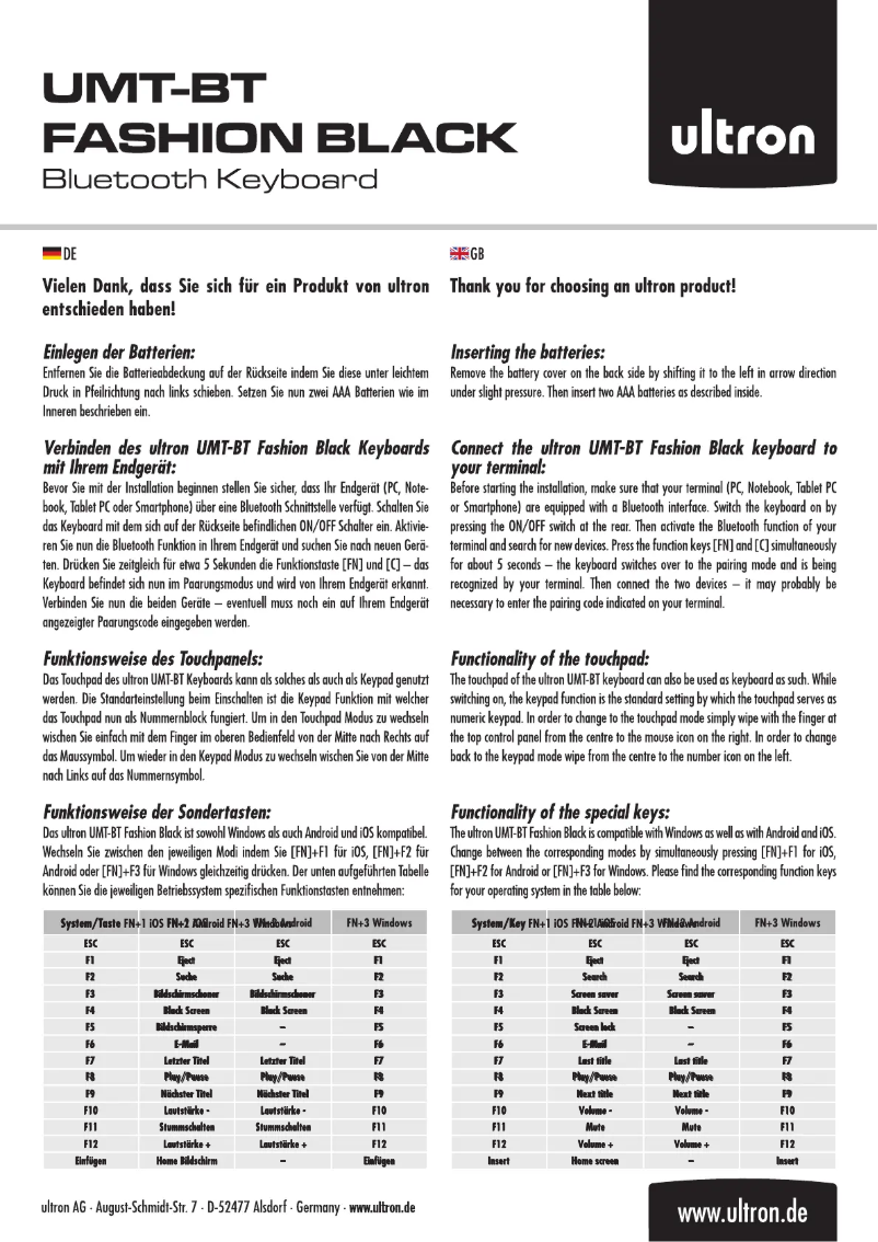 Page n°1 - Manuel utilisateur Ultron UMT-BT
