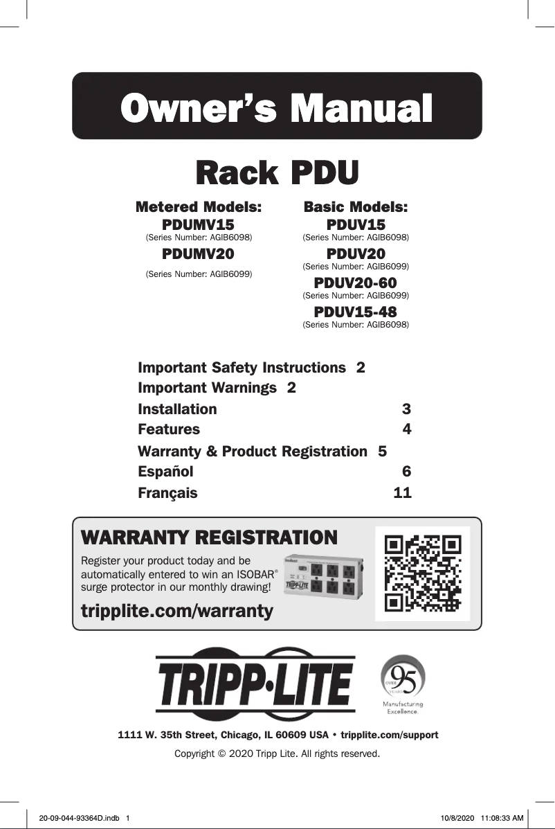 Page 1 de la notice Manuel utilisateur Tripp Lite PDUV15-48