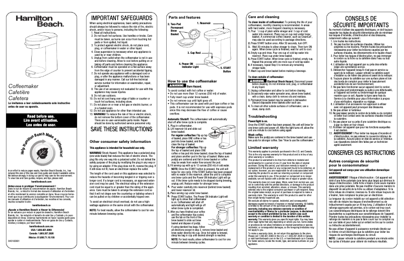 Page 1 de la notice Manuel utilisateur Hamilton Beach Personal Cu One 49970