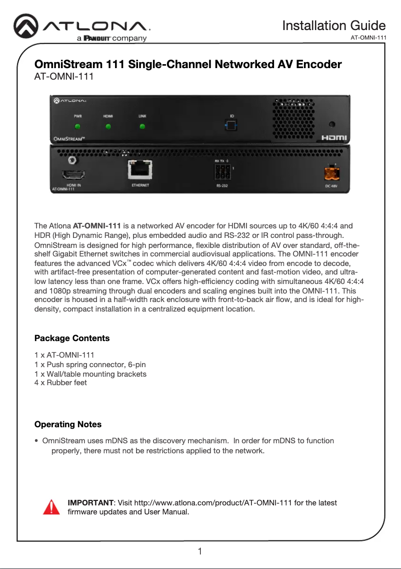 Page 1 de la notice Guide d'installation Atlona AT-OMNI-111