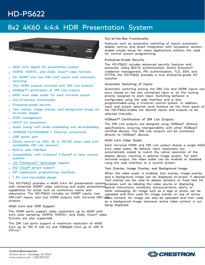 Page 1 de la notice Fiche technique Crestron HD-PS622