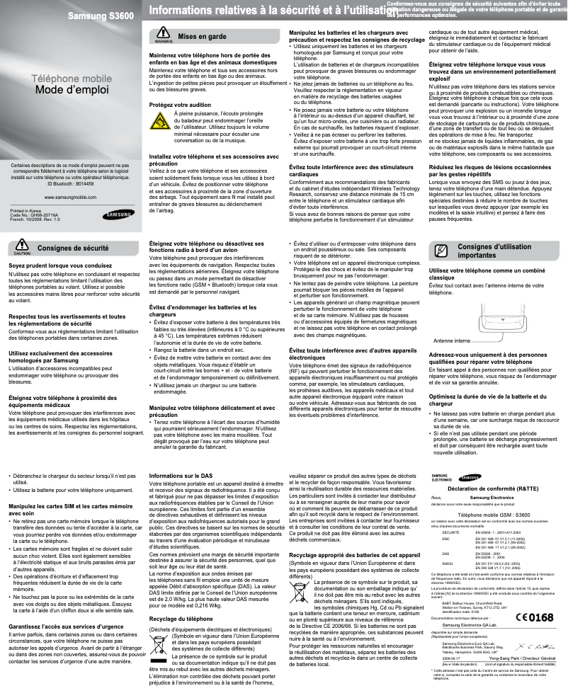 Page 1 de la notice Manuel utilisateur Samsung Metro GT-S3600I