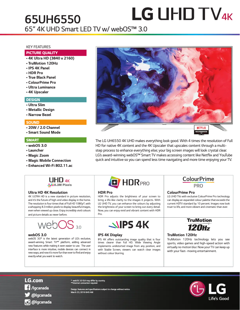 Page 1 de la notice Fiche technique LG 65UH6550