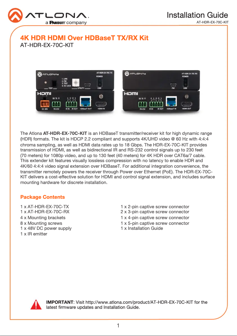 Page 1 de la notice Manuel utilisateur Atlona HDR-EX-70C-KIT