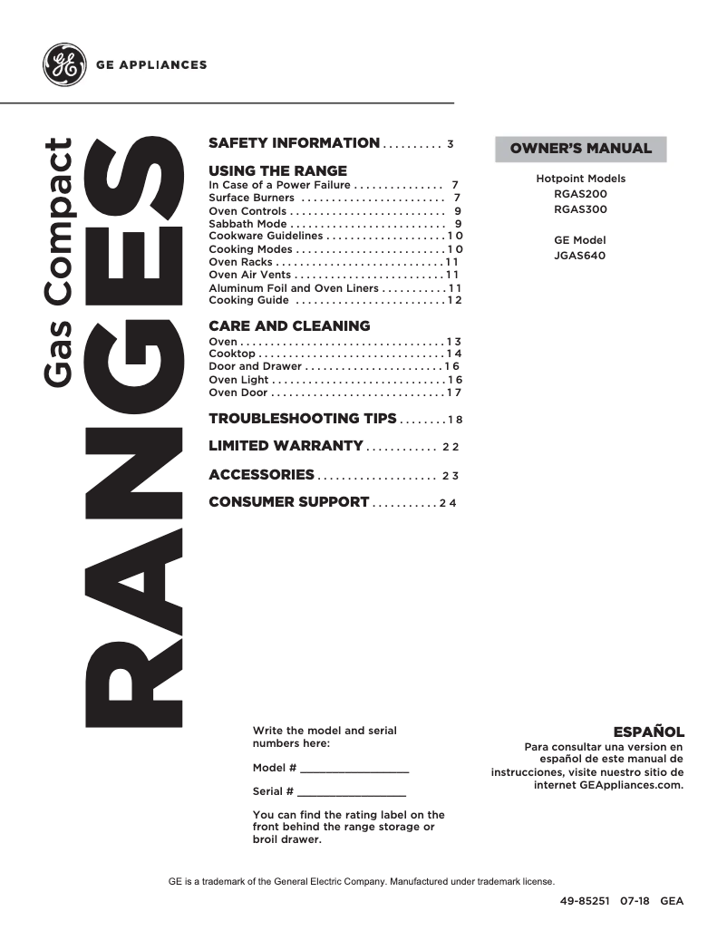 Page n°1 - Manuel utilisateur GE RGAS300DMWW