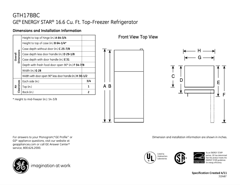 Page n°1 - Fiche technique GE GTH17BBCRCC