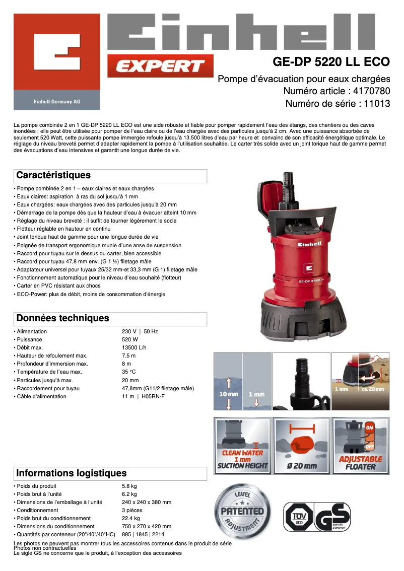 Página 1 del manual Ficha técnica Einhell GE-DP 5220 LL ECO