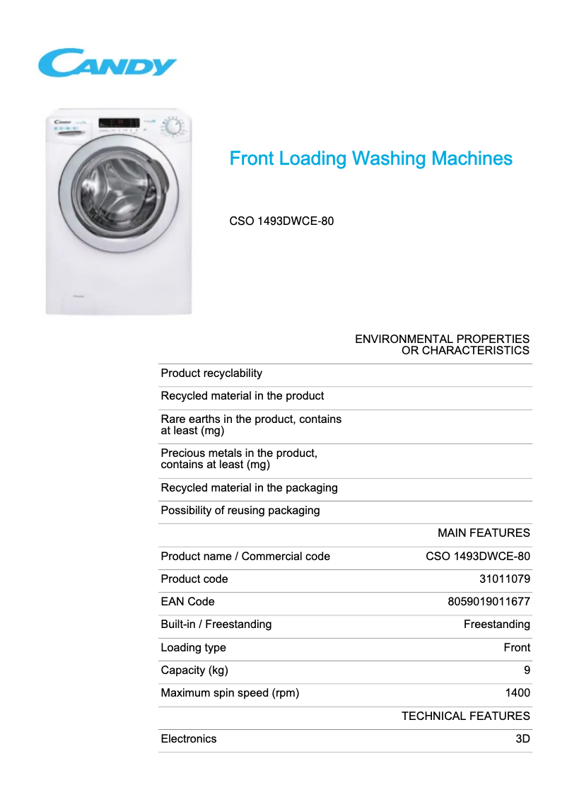 Page 1 de la notice Fiche technique Candy CSO1493DWCE-80