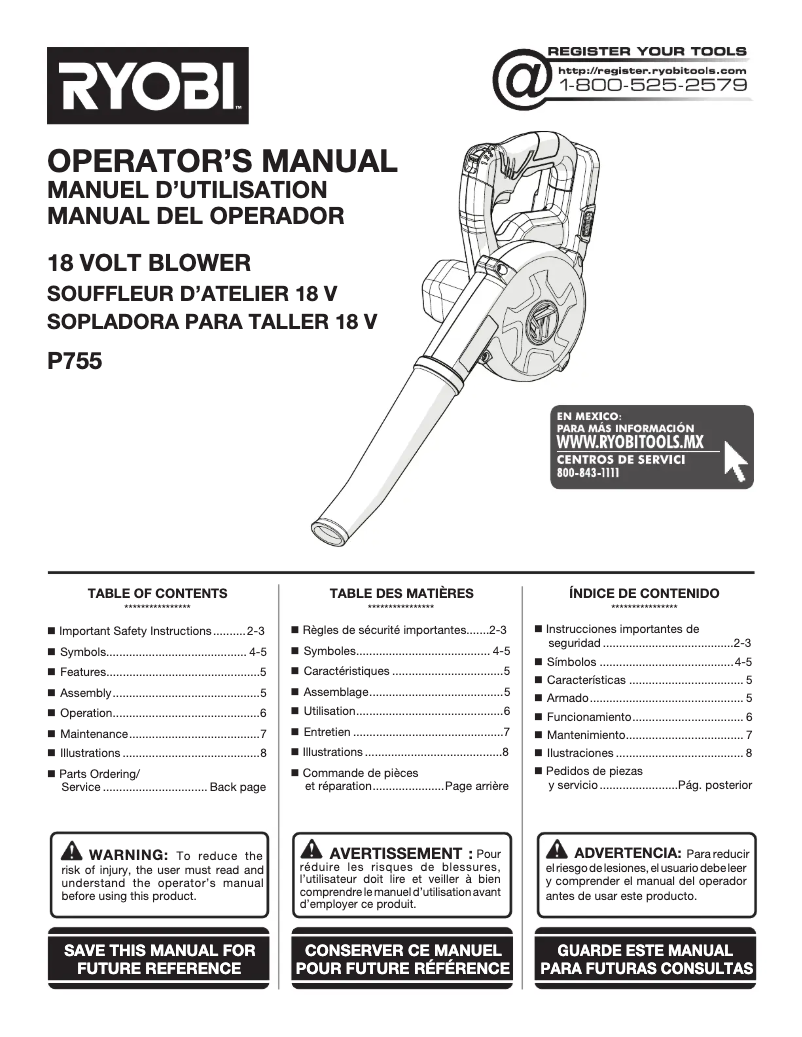 Page n°1 - Manuel utilisateur RYOBI P755