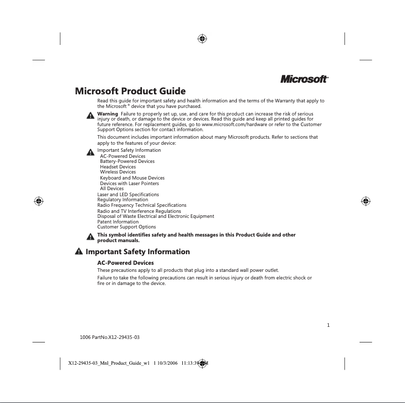 Page 1 de la notice Manuel utilisateur Microsoft Natural Ergonomic Keyboard 4000