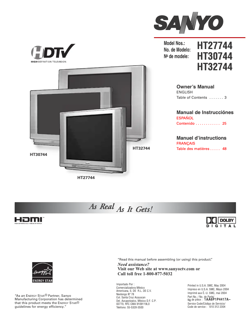 Page n°1 - Manuel utilisateur Sanyo HT27744