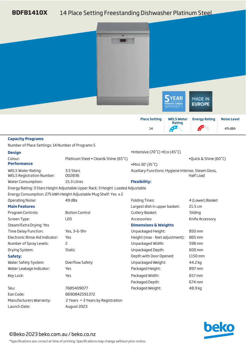 Page 1 de la notice Fiche technique Beko BDFB1410X