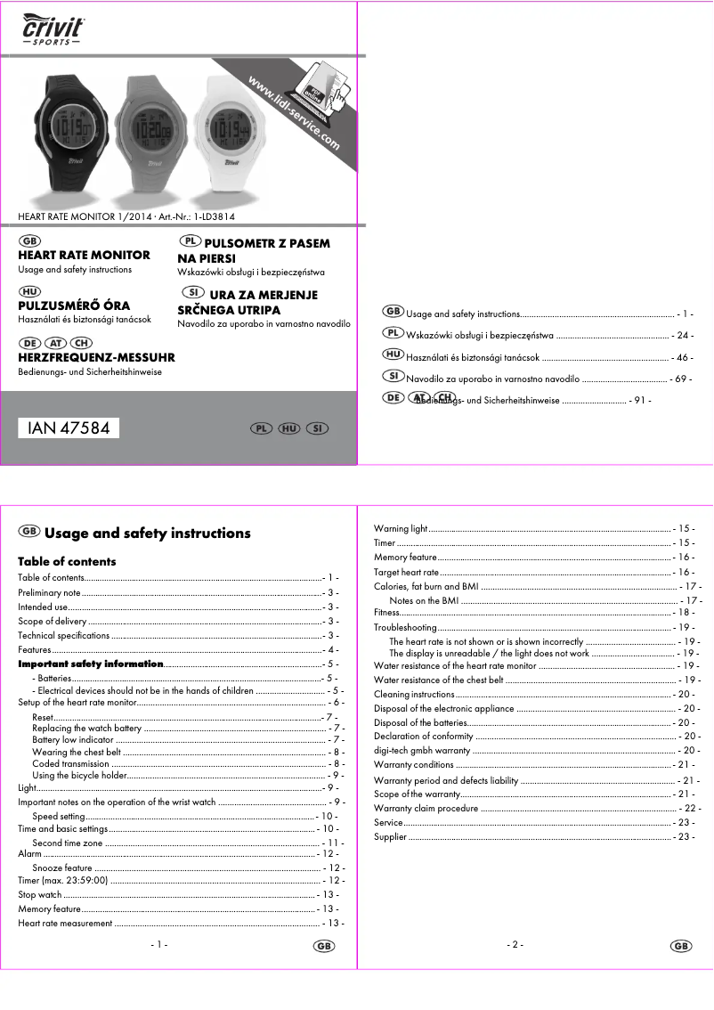 Page 1 de la notice Manuel utilisateur Crivit IAN 47584