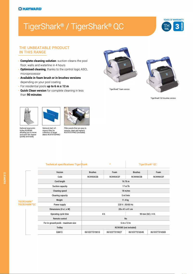 Page 1 de la notice Fiche technique Hayward TigerShark QC