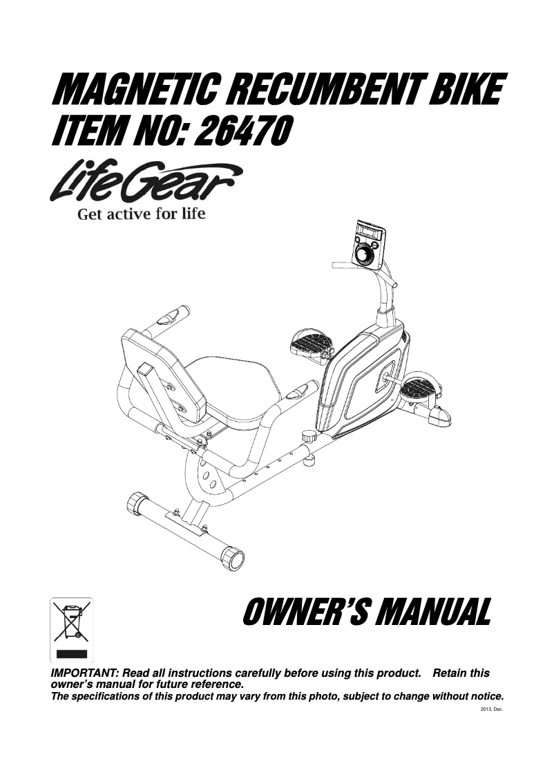 Page 1 de la notice Manuel utilisateur Life Gear Accord Magnetic Recumbent Bike 26470